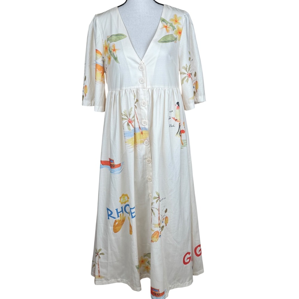 Rosa Clothing Tropical‎ Novelty Print Midi Dress Womens Cream Multi Excellent